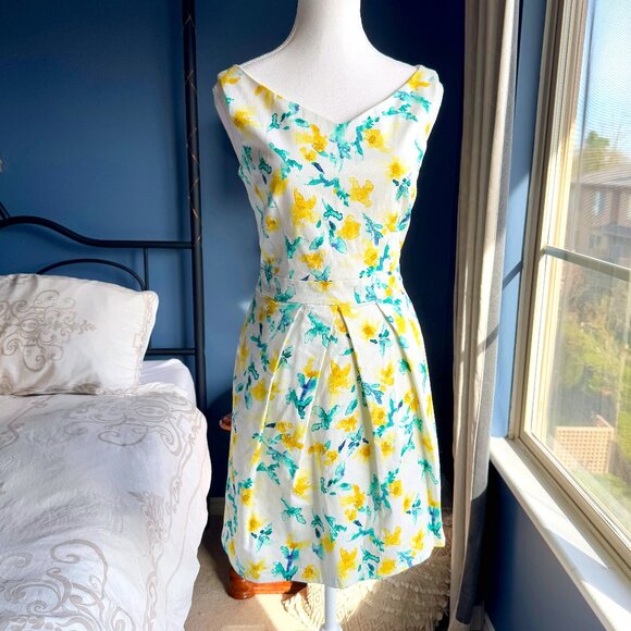 Zara White with Yellow and Turquoise Floral Tea Dress - Picture 1 of 13